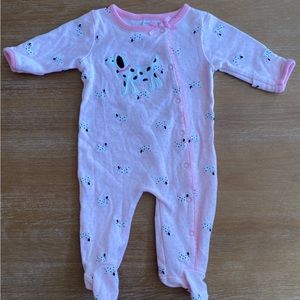 Pink Dalmatian puppy dog button sleep and play footed pajama size newborn